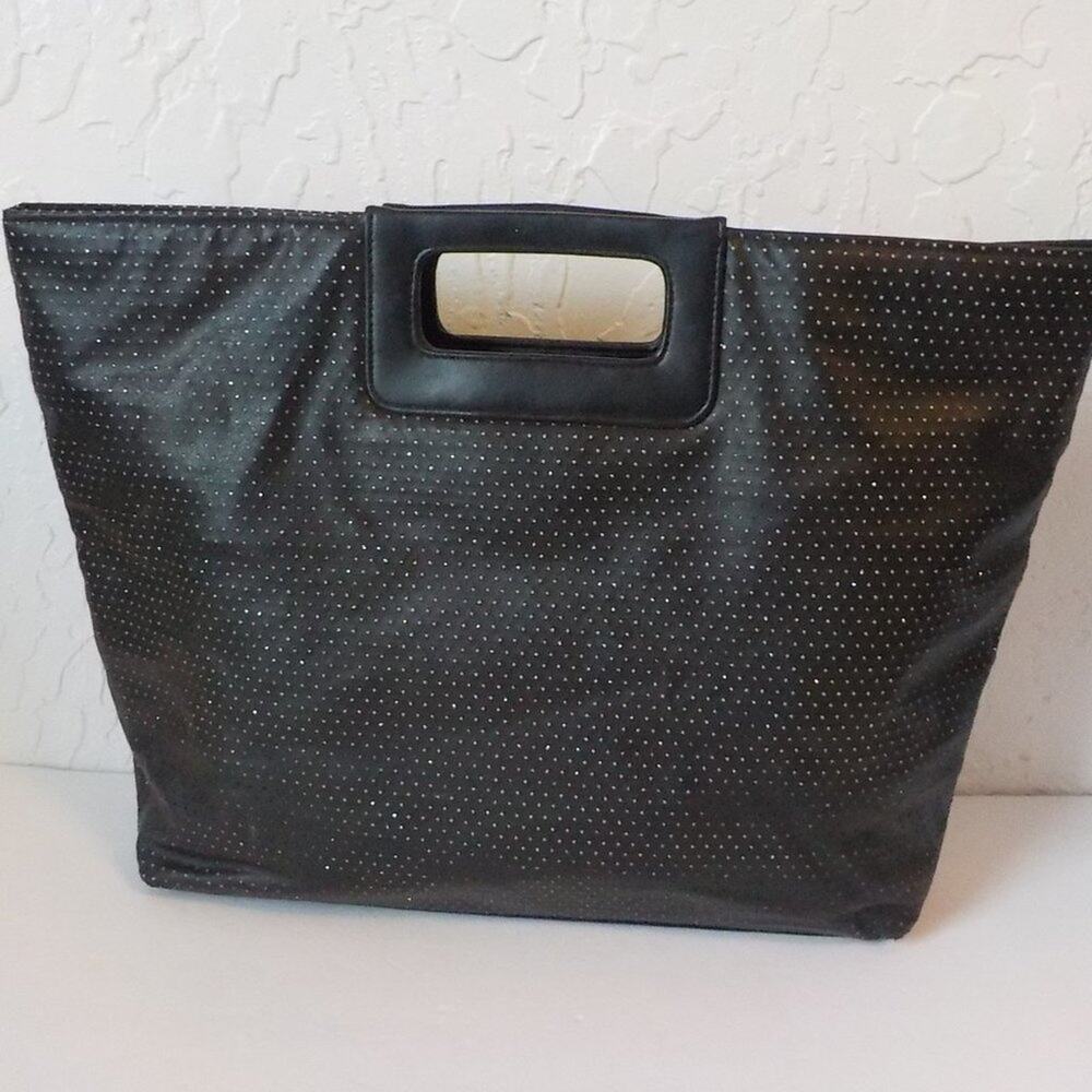 Victoria Secret Black Tote Purse Beach Perforate Faux Leather Preppy Weekend